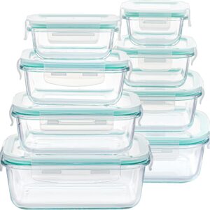 Clear Glass Food Storage Containers with Mint Green Airtight Lids, 8 Pack