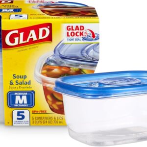 Glad Medium Rectangle Soup Salad Food Storage Containers with Lids, 5 Count